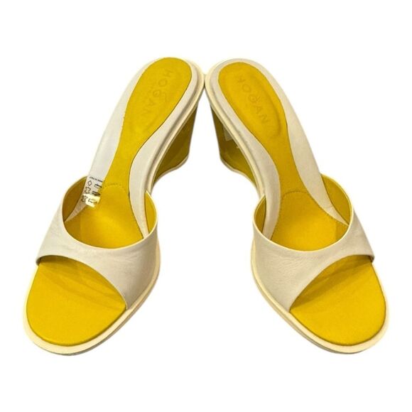 NEW HOGAN Women's Wedge Slipper Slide Leather Yellow White Sandals 39 9 - Picture 3 of 8
